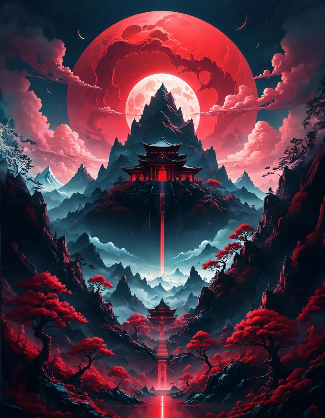 Scifi vibes. Otherworldly. Cinematic. Ominous mountain, digital art, inspired by Cyril Rolando, digital art, blood red moon