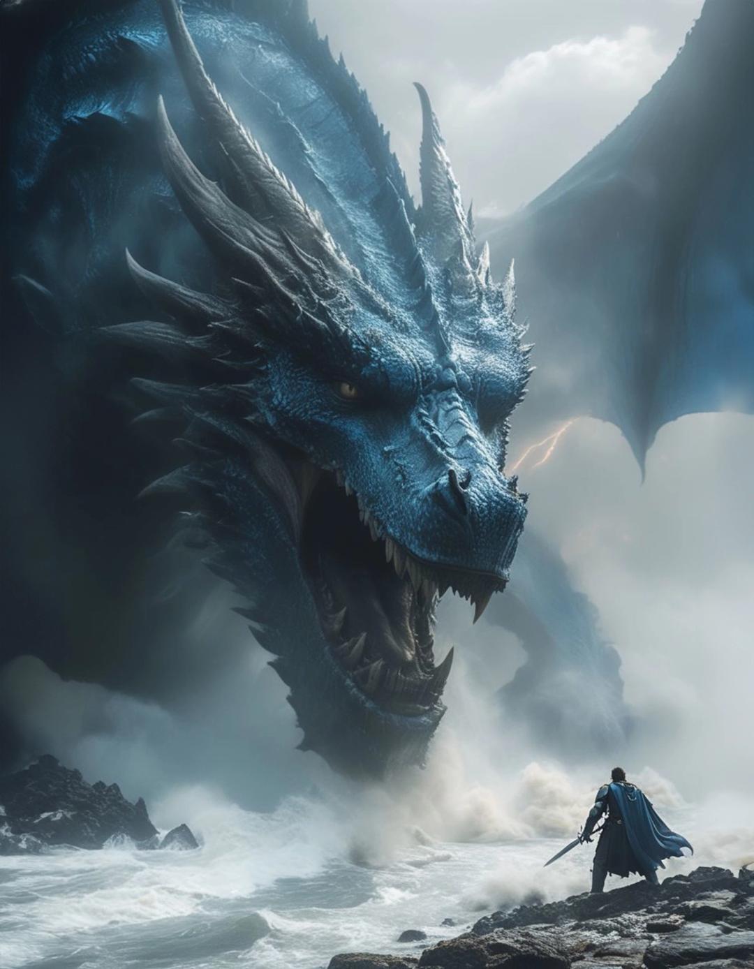 Warrior facing to Giant Blue Dragon