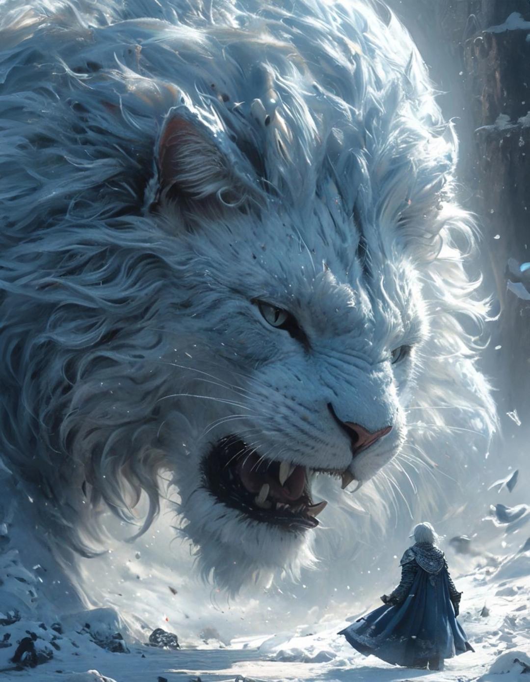 Warrior facing to giant white lion