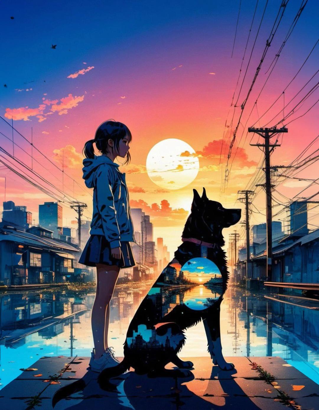 a girl and her dog are standing in front of a sunset
