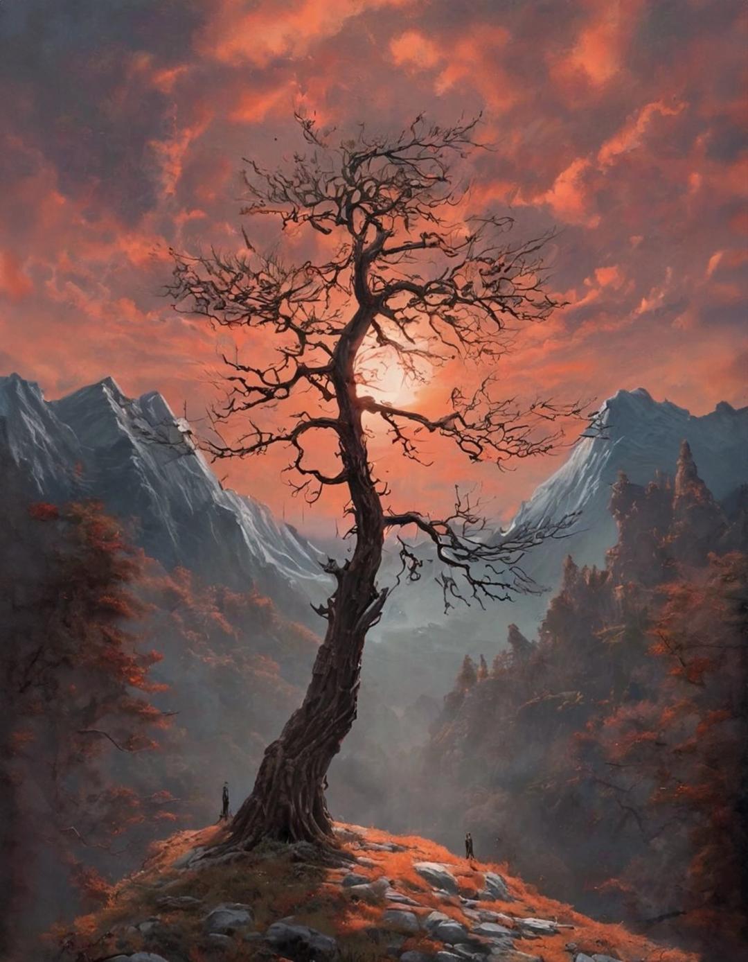 a painting of a giant tree in a mountainous area with a sunset in the background