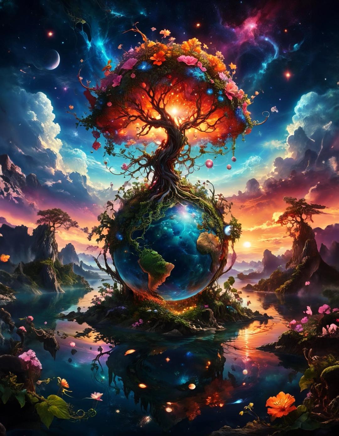 a painting of a tree growing out of a globe in the sky with a sunset behind it and a blue sky with clouds