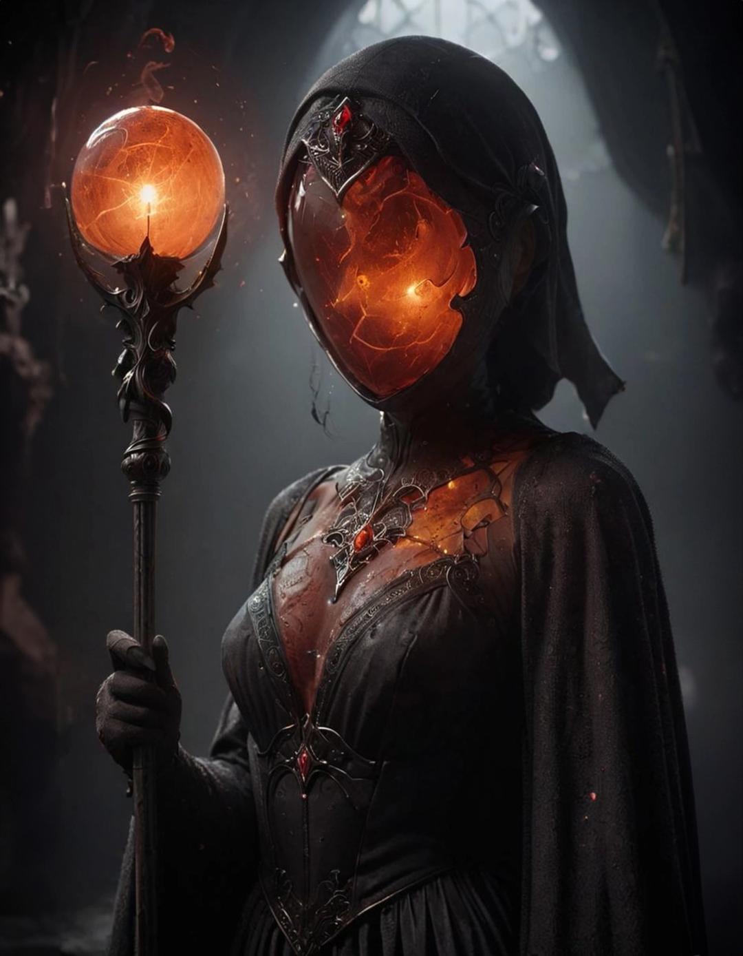 a woman in a dark costume holding a glowing orb staff in her hand and a glowing orb on mask