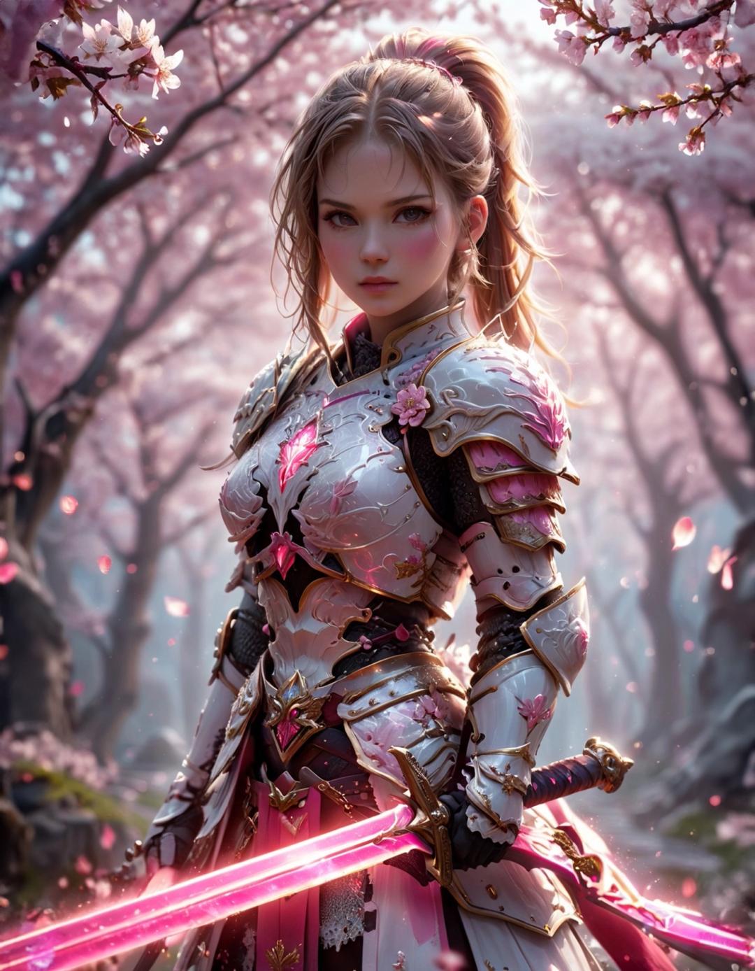 female warrior holding pink glowing sword