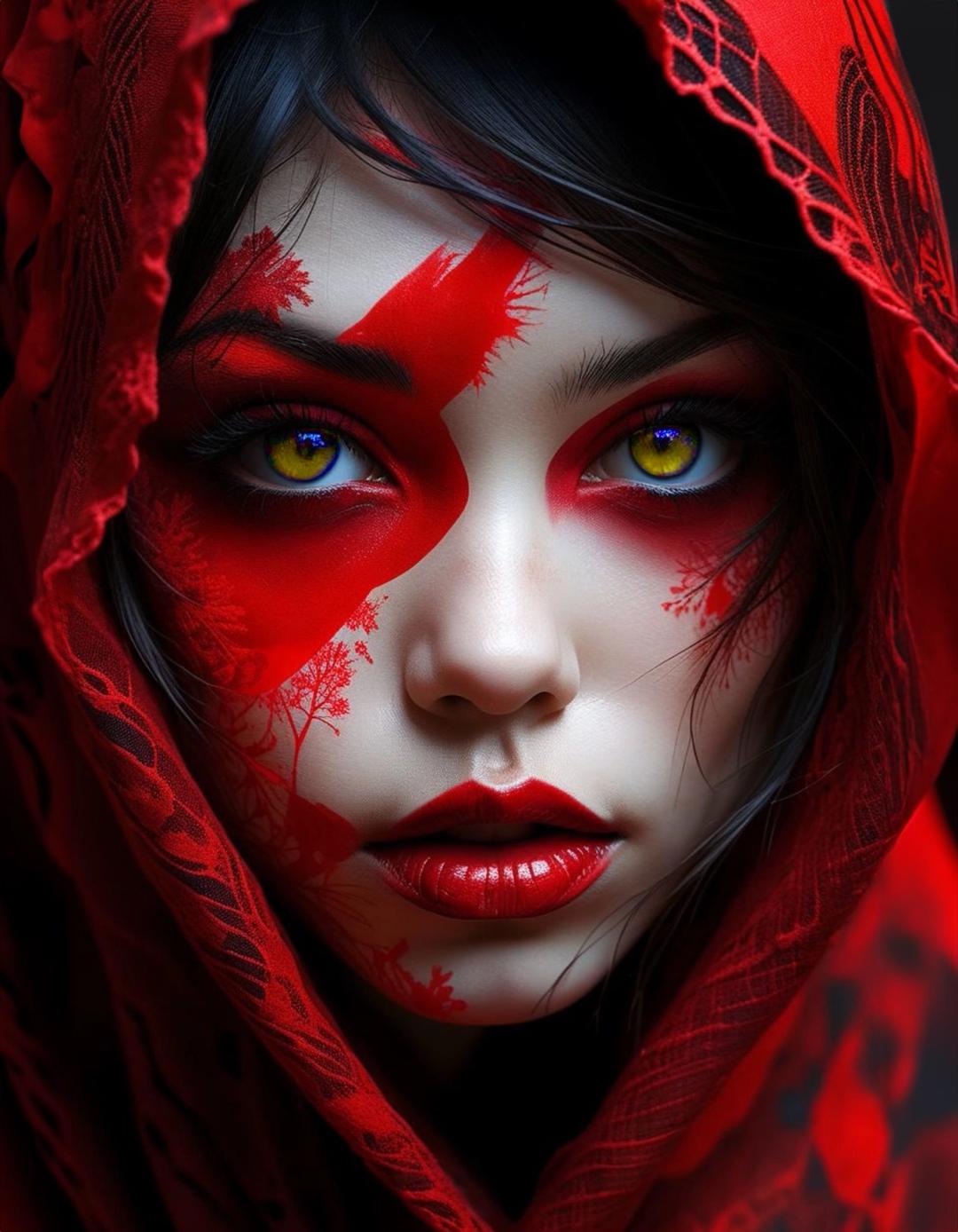 hyper realistic woman face closeup with red makeup and hoodie