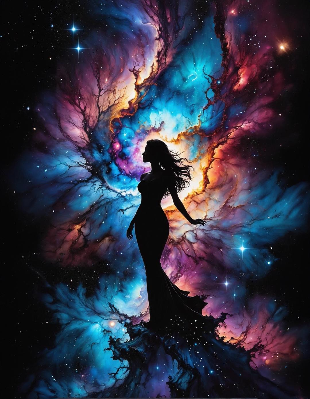 modern art a woman in a long dress standing in front of a colorful background nebula