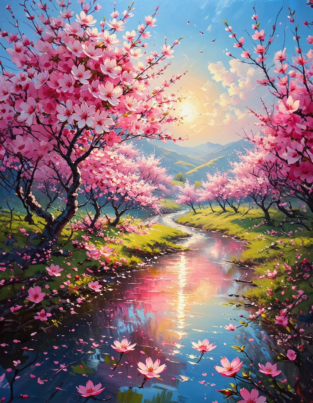oil painting, Cherry blossoms, Sky (blue), Flowers (pink), Natural scenery