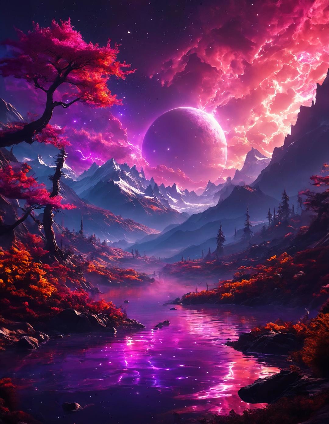 painting of a purple sky with mountains and a river in the foreground and a purple moon
