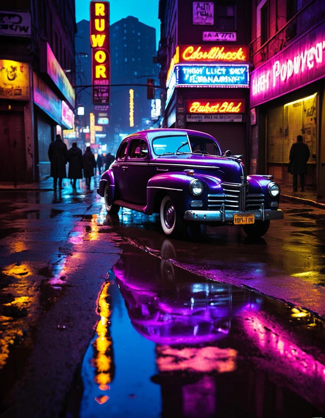 retro car on neon city