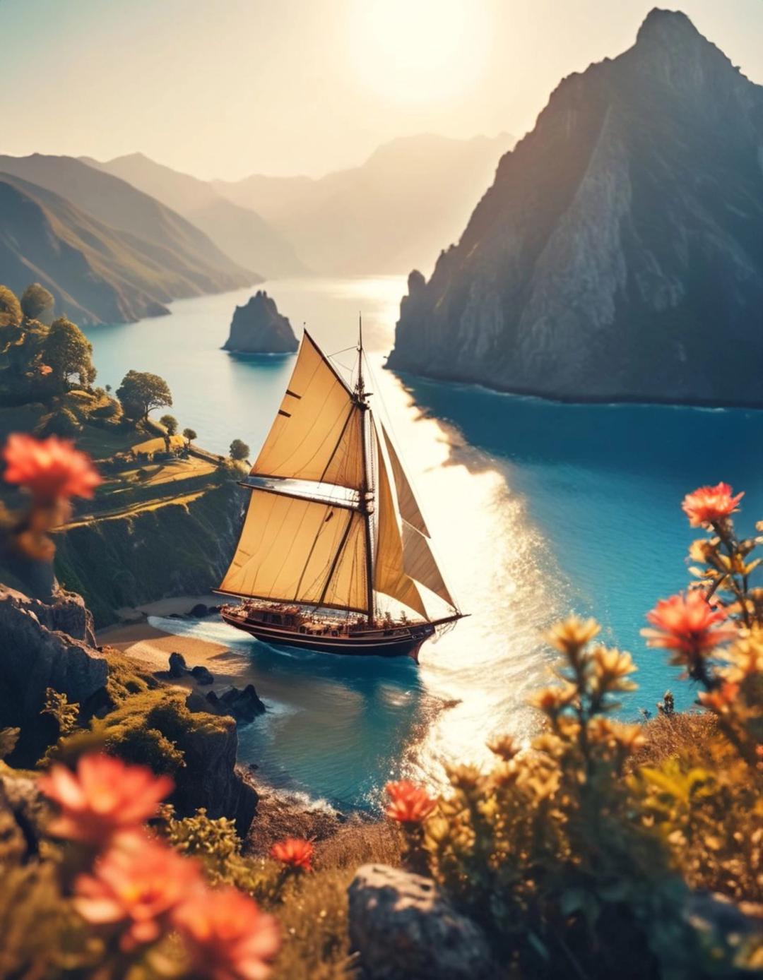 sailboat sailing on a body of water near mountains and flowers
