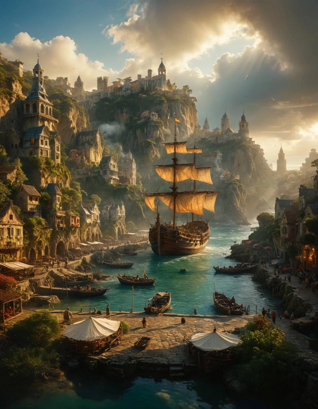 ship sailing on elven city