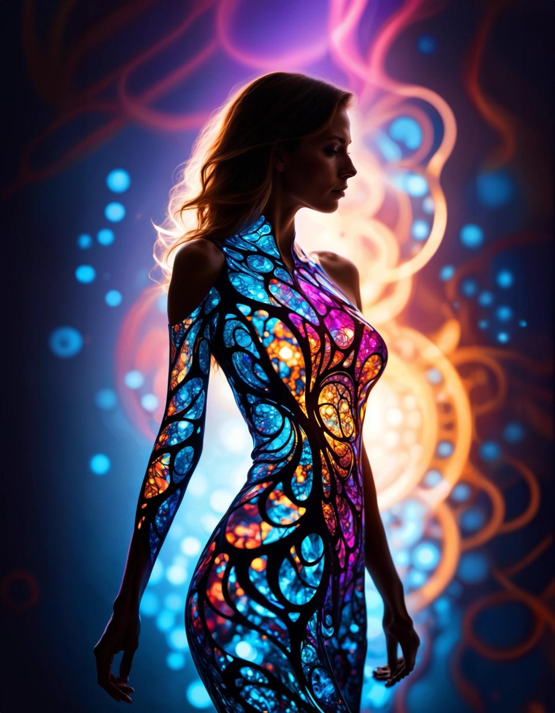 vivid colored ink sketch shiny contours outlines of a perfect physique female silhouette