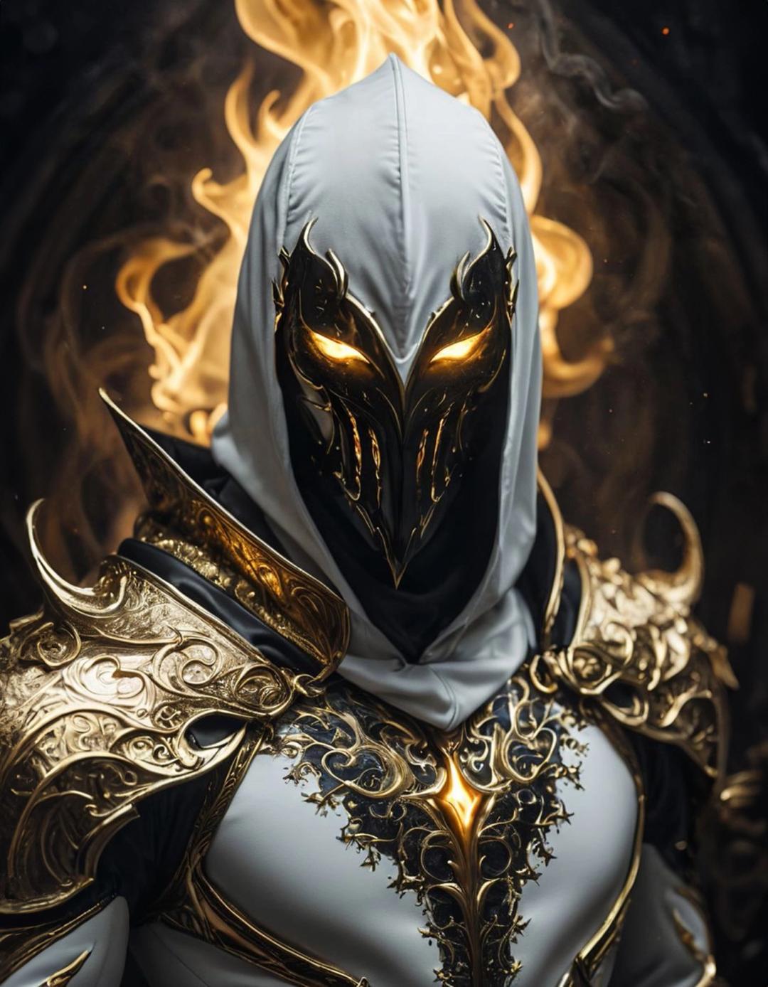 white and gold outfit with a hood flames behind