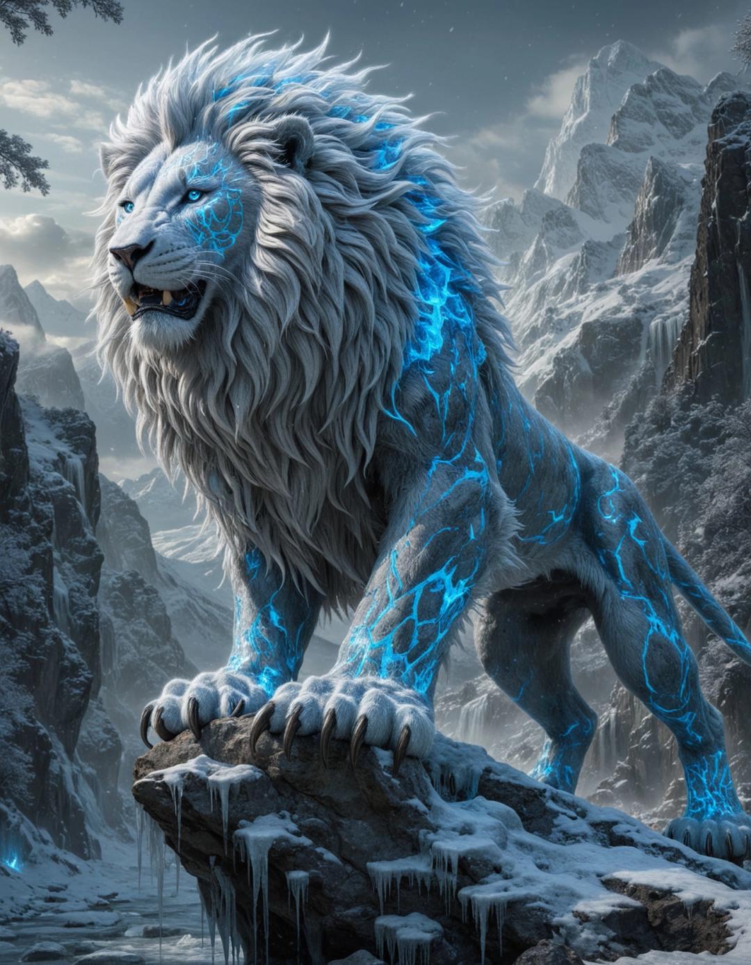 white blue glowing lion