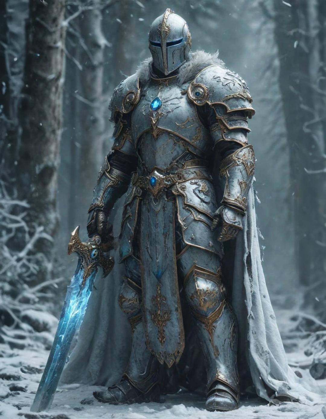 white knight with blue glowing weapon