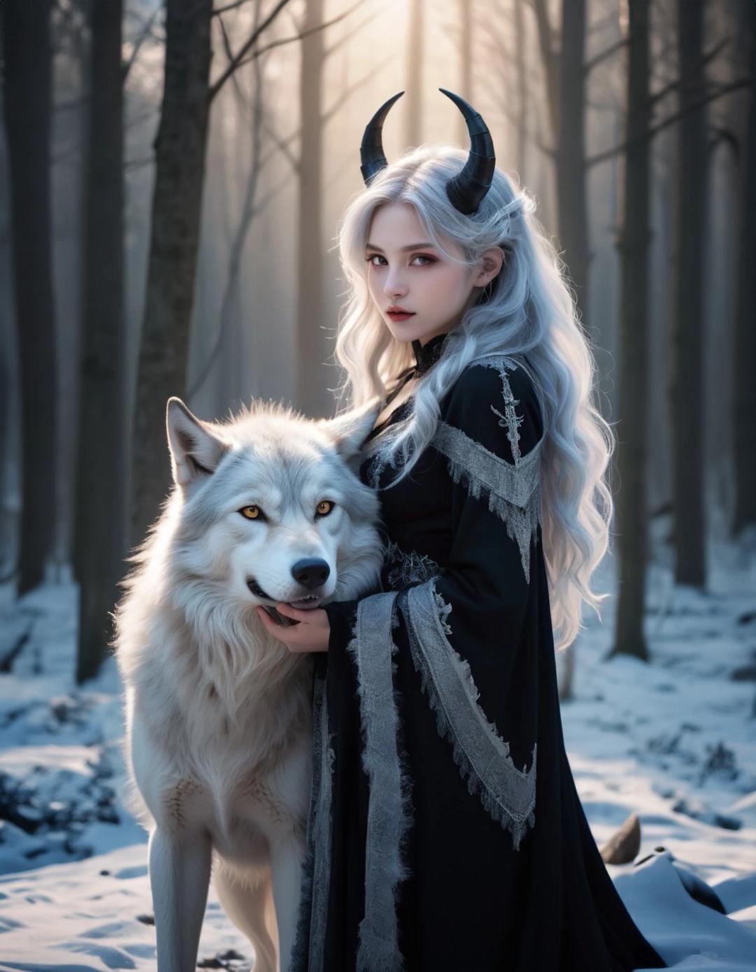 white wolf and woman