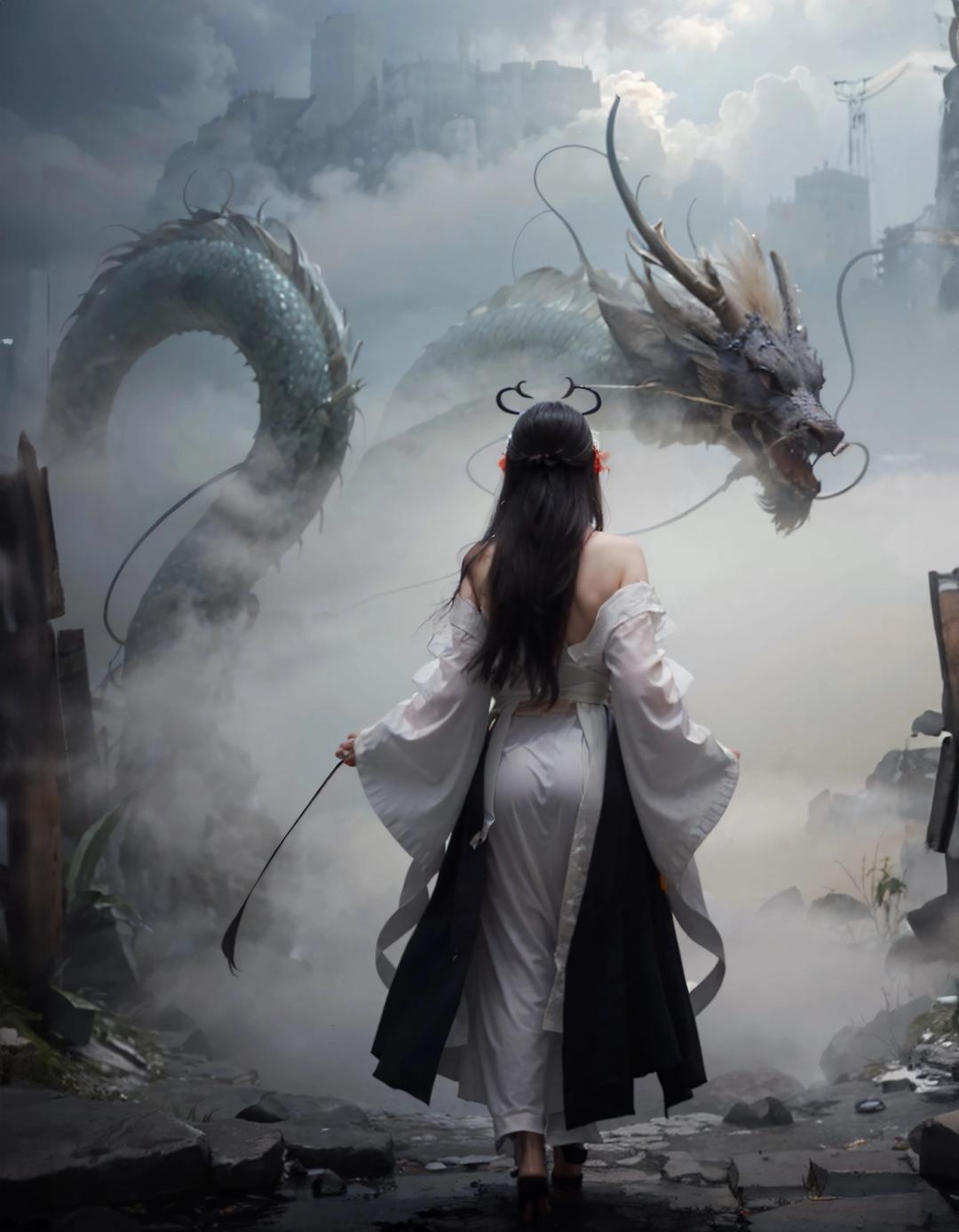 woman facing dragon in mist