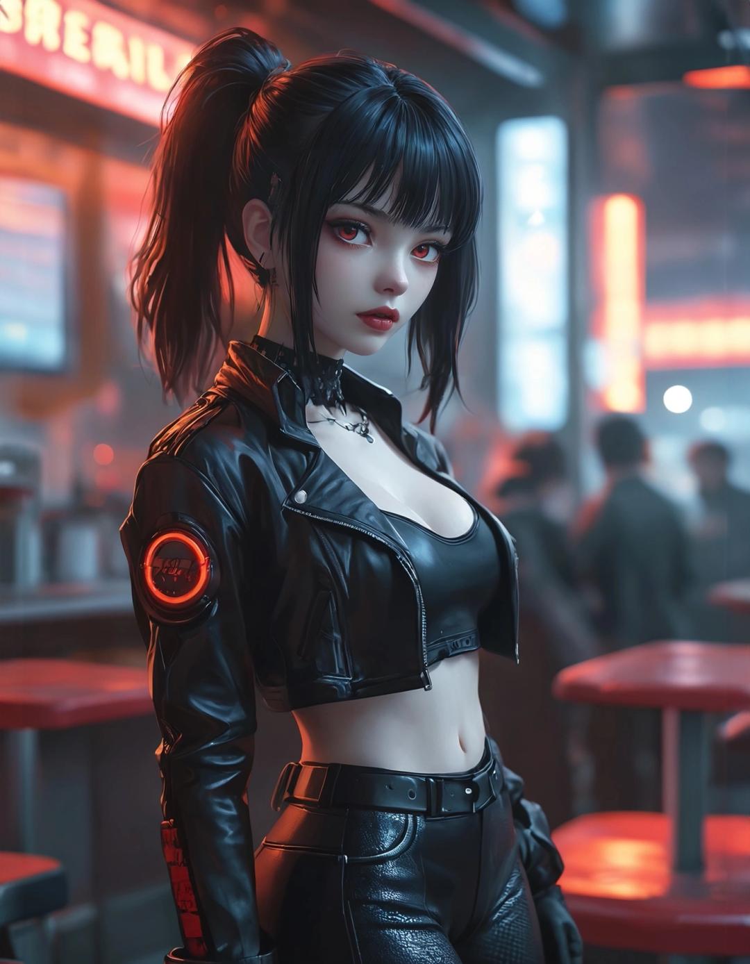 woman in a leather outfit with a black jacket standing in a restaurant cyberpunk